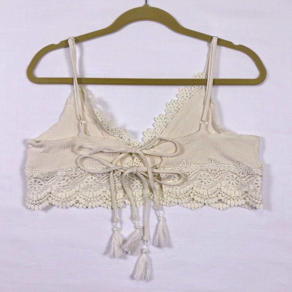 Boho Lace Bralette XL Fairycore Festival Tassel Tie Crop Top Cream Western - Picture 3 of 17